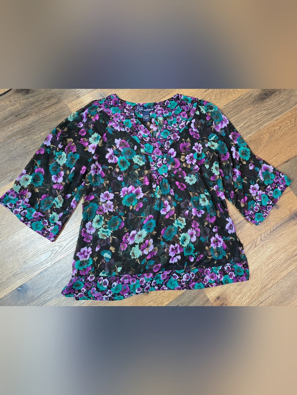 Susan Graver Black Floral V-Neck Blouse with Teal & Purple Blooms
